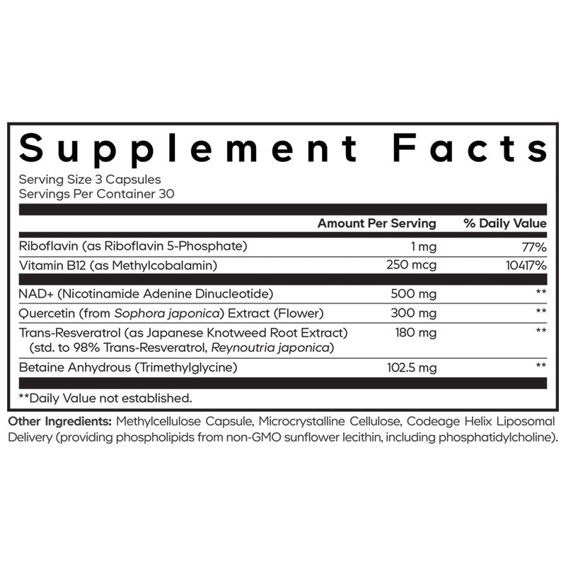 Liposomal NAD+ Ultra supplement facts panel listing NAD+ 500 mg, quercetin, trans-resveratrol and B12