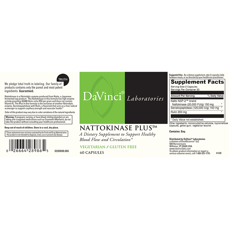 Flat DaVinci Laboratories Nattokinase Plus label artwork, 60 vegetarian capsules, with warning panel and supplement facts