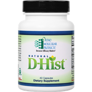 White Ortho Molecular Natural D-Hist bottle of 40 capsules with the green leaf logo