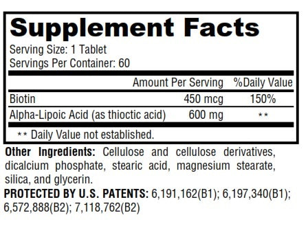 Supplement facts label with Biotin and Alpha-Lipoic Acid content on a white background