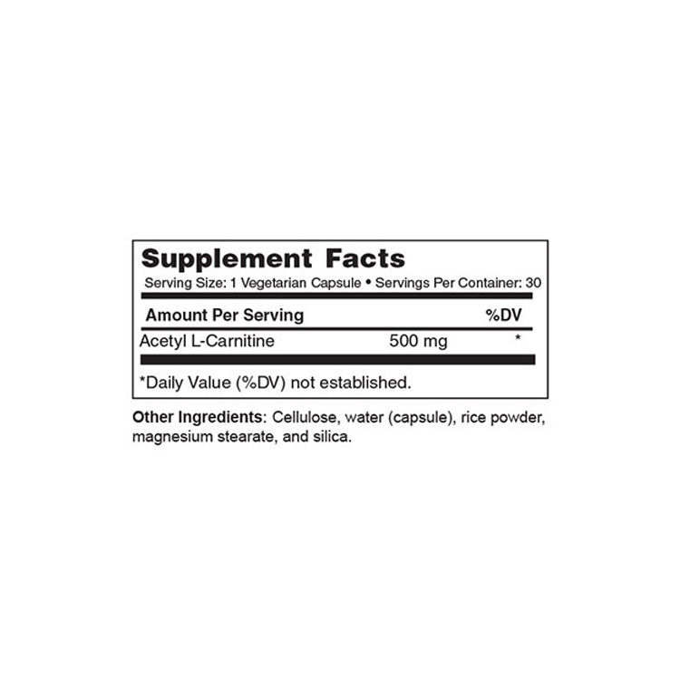 Supplement facts label for Acetyl L-Carnitine capsules on a white background