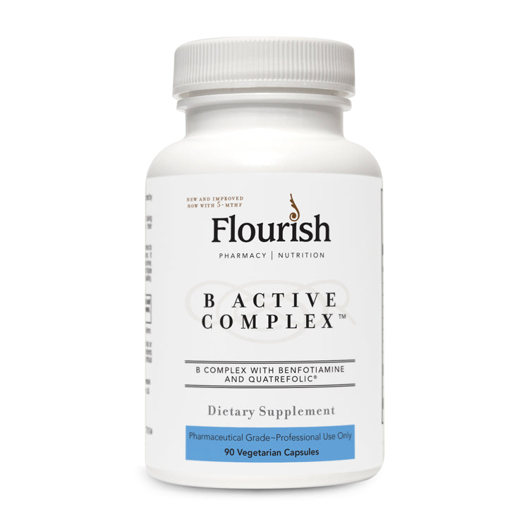 Supplement bottle labeled 'Flourish B Active Complex' on a white background