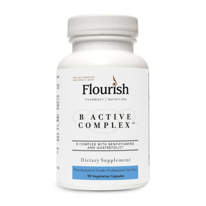 Supplement bottle labeled 'Flourish B Active Complex' on a white background