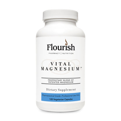 Flourish Vital Magnesium dietary supplement bottle on a white background