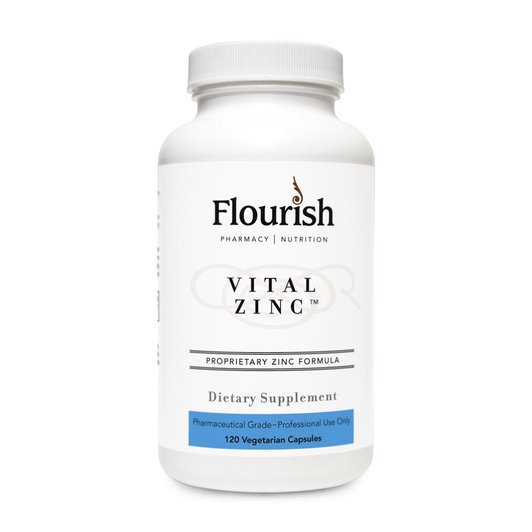Flourish Vital Zinc dietary supplement bottle on a white background