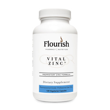 Flourish Vital Zinc dietary supplement bottle on a white background