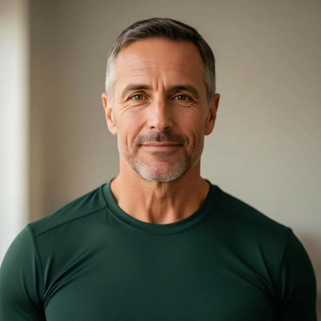 A calm, fit middle-aged man, representing men in the Flourish Hormone & Vitality Program