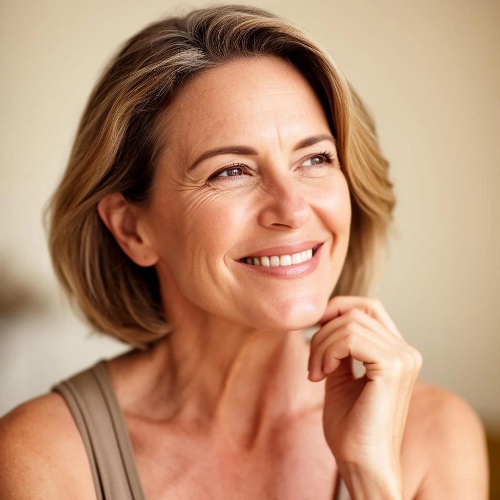 A confident middle-aged woman smiling, representing women in the Flourish Hormone & Vitality Program