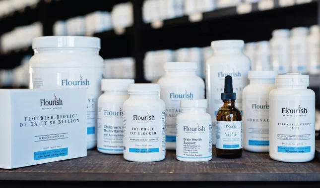 assorted flourish pharmacy nutritional supplement and health products